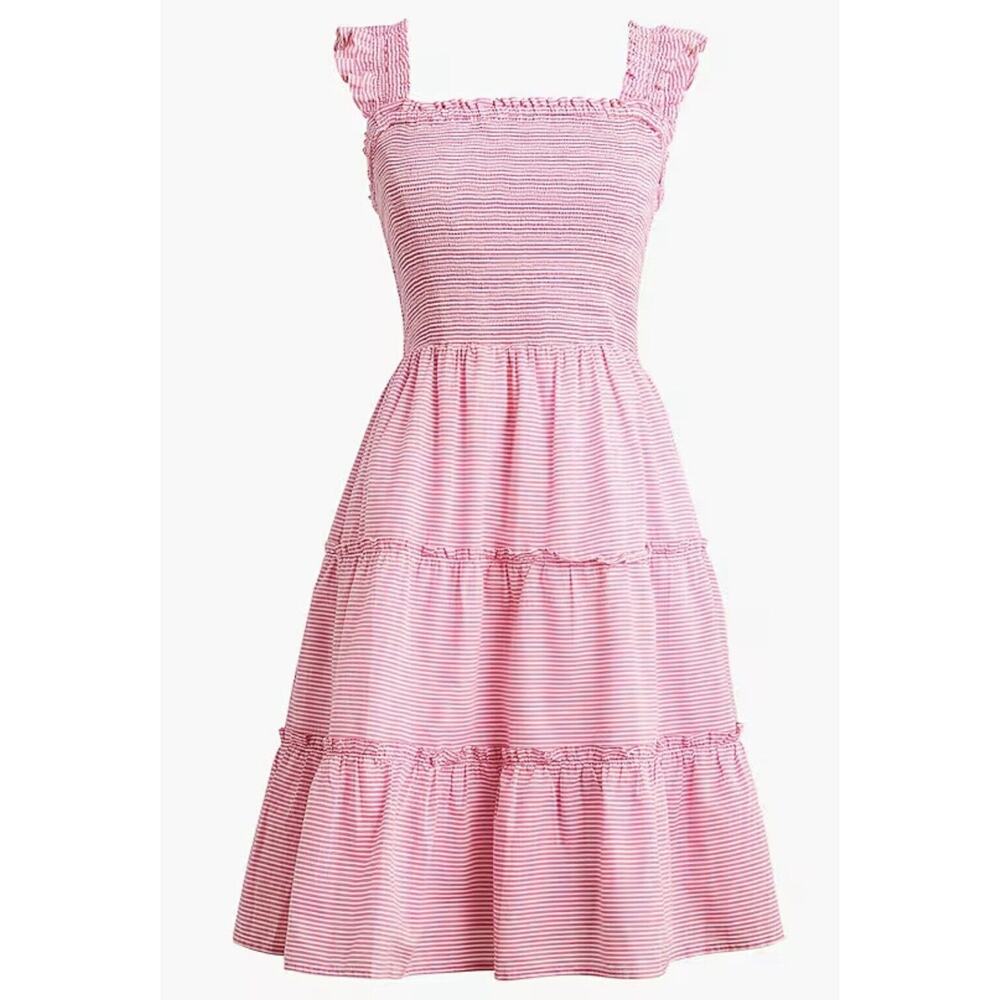 NWT J Crew Factory Striped Smocked‎ Tiered Mini Dress XXS Pockets Cotton Pink